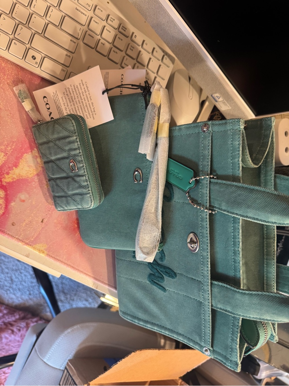 Coach Teal Canvas Tote with Quilted Zip Pouch - Coach